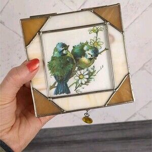 Vintage Stained Glass & Brass Trinket Box Birds Hinged Lid Art Deco Jewelry Box
